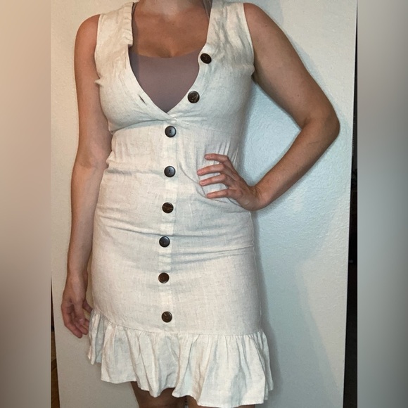 Monteau Linen Blend Cream Ruffled Midi Dress Size Medium - Picture 1 of 5